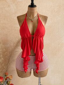 Soleia Bohemian Crochet Beach Shorts, Festival Style High Waist Woven Summer Vacation Casual Beach Pants, Mini Hot Pants Plus Women's Vacation Solid Color Asymmetric Hem Sexy Camisole Top Summer - Red - View 8