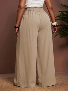 Veslaya Plus Size Casual Vacation Elastic Waist Loose Wide Leg Pants Fall - Apricot - View 2