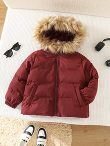 SHEIN Young Boy Plush Patchwork Solid Color Zipper Casual Versatile Winter Padded Coat - Burgundy - View 4
