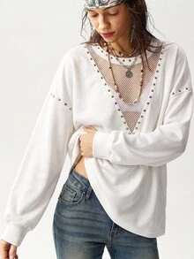 Bohemela 女款性感網紗拼接鉚釘長袖運動衫 - 白色 - 查看 4