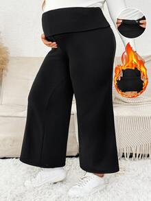 Plussiva Plus Size Maternity Solid Color Adjustable Waist Casual Daily Long Pants - Black - View 1