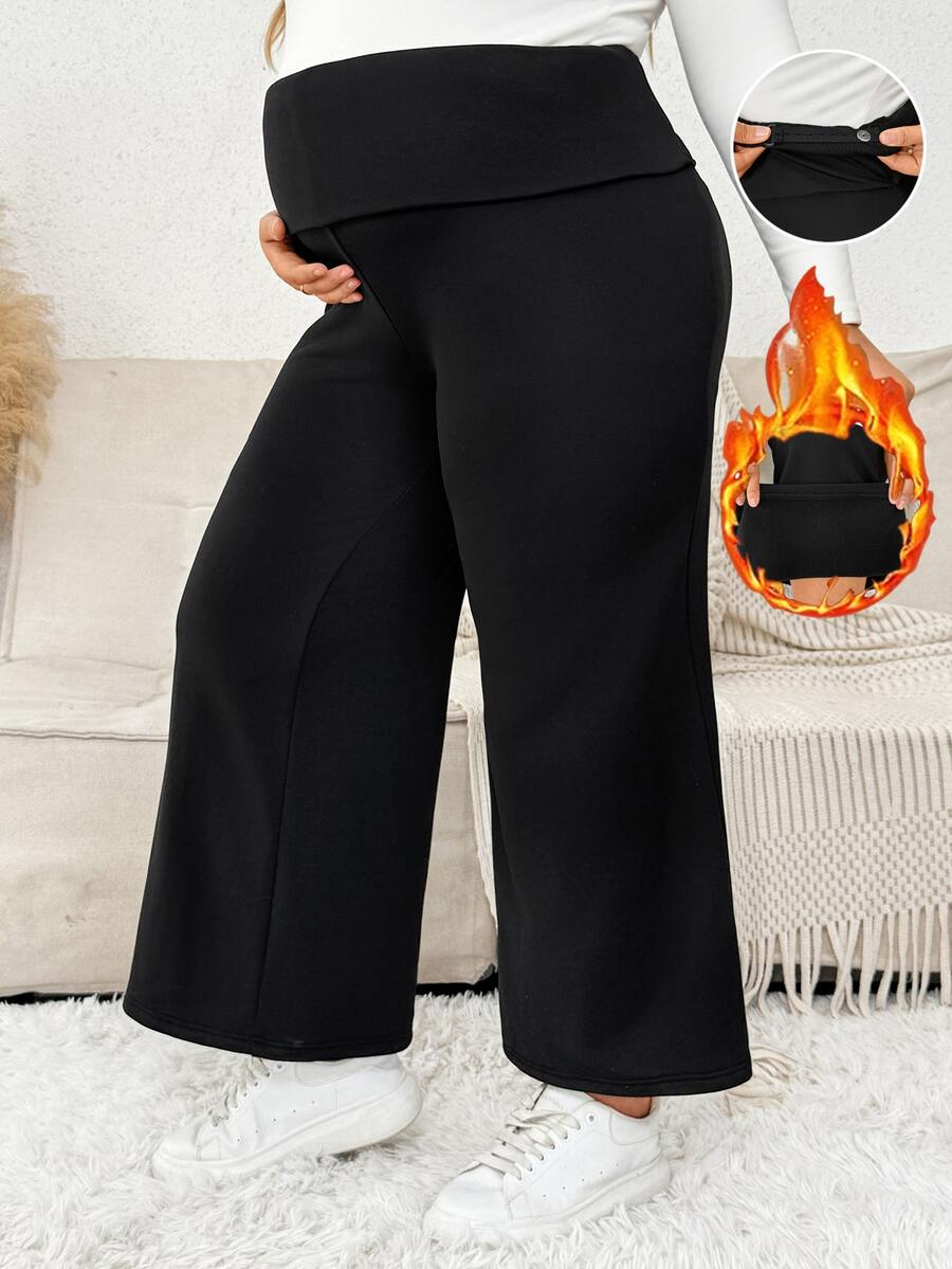 Plussiva Plus Size Maternity Solid Color Adjustable Waist Casual Daily Long Pants - Black - View 1
