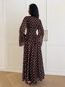 Aloruh 女款圓領波點圖案喇叭袖優雅洋裝 - 摩卡棕 - 查看 2