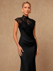Lumalex Women's Lace Patchwork Pleated Casual Party Dress - Black - View 4