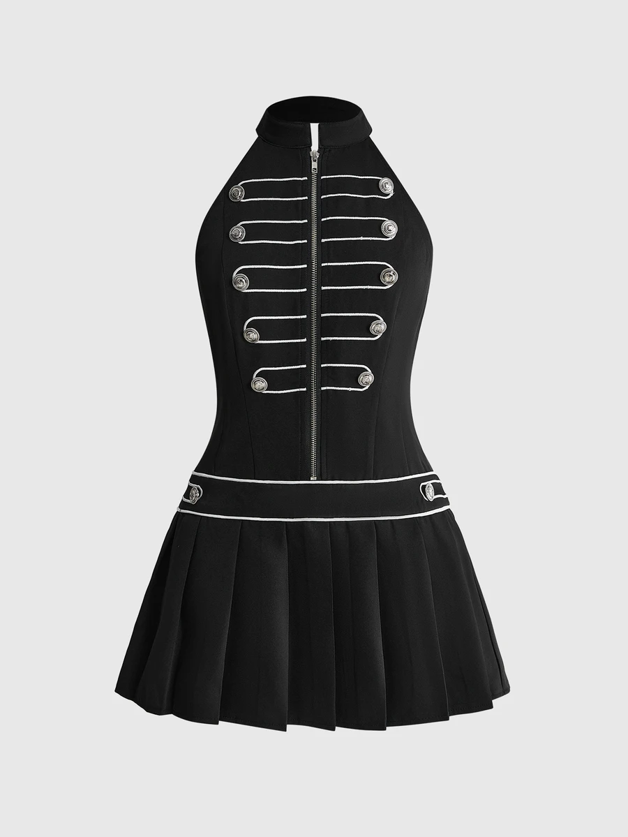 ROMWE Grunge Punk Summe Outfits Nautical Punk Napoleon Button Design Colorblock Fitted A-Line Short Dress - Black - View 1