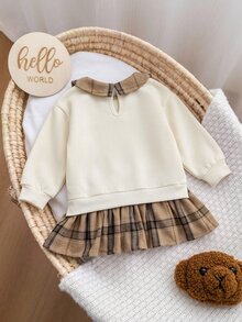 SHEIN Babygirl Cute College Style Casual Cartoon Pattern Collared Autumn Winter Dress - White - View 2