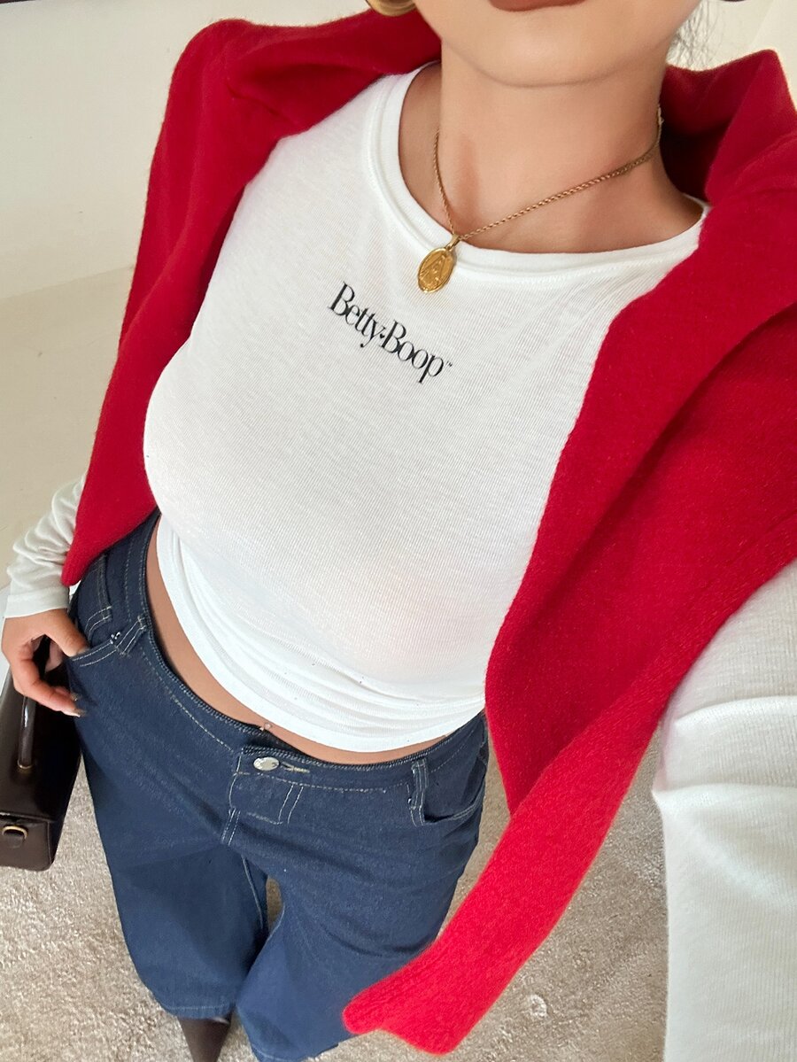 Betty Boop x DAZY Curve Letter Print Versatile Skin-Tone Mesh White Base Layer T-Shirt, Spring/Autumn New Style - Beige - View 1