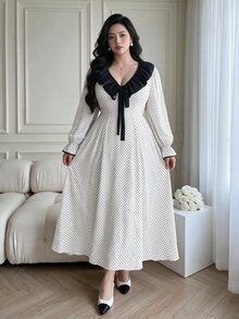 Vibekara New Elegant Fashion Minimalist Commuter Style Contrast Color Wide Ruffle Collar Puff Long Sleeve Dress, Vacation Polka Dot Element Patchwork Contrast Color Dress - Multicolor - View 5