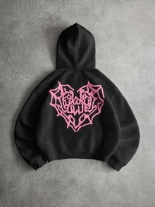 PAVTROS 男士街頭風蜘蛛網愛心3D刺繡LOVE戶外音樂祭日常穿著好友聚會男友丈夫禮物黑色與粉色連帽衫 - 黑色 - 查看 2