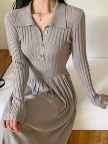 DAZY Women's Elegant Button Half-Placket Waist-Cinching Sweater Dress - Khaki - View 3