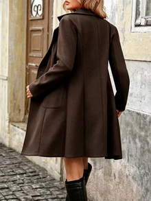 SHEIN LUNE Women's Winter Wool Blend Solid Color Mid-Length Coat With Notch Lapel And Double-Breasted Buttons, Cold-Proof Outerwear - Coffee Brown - View 2