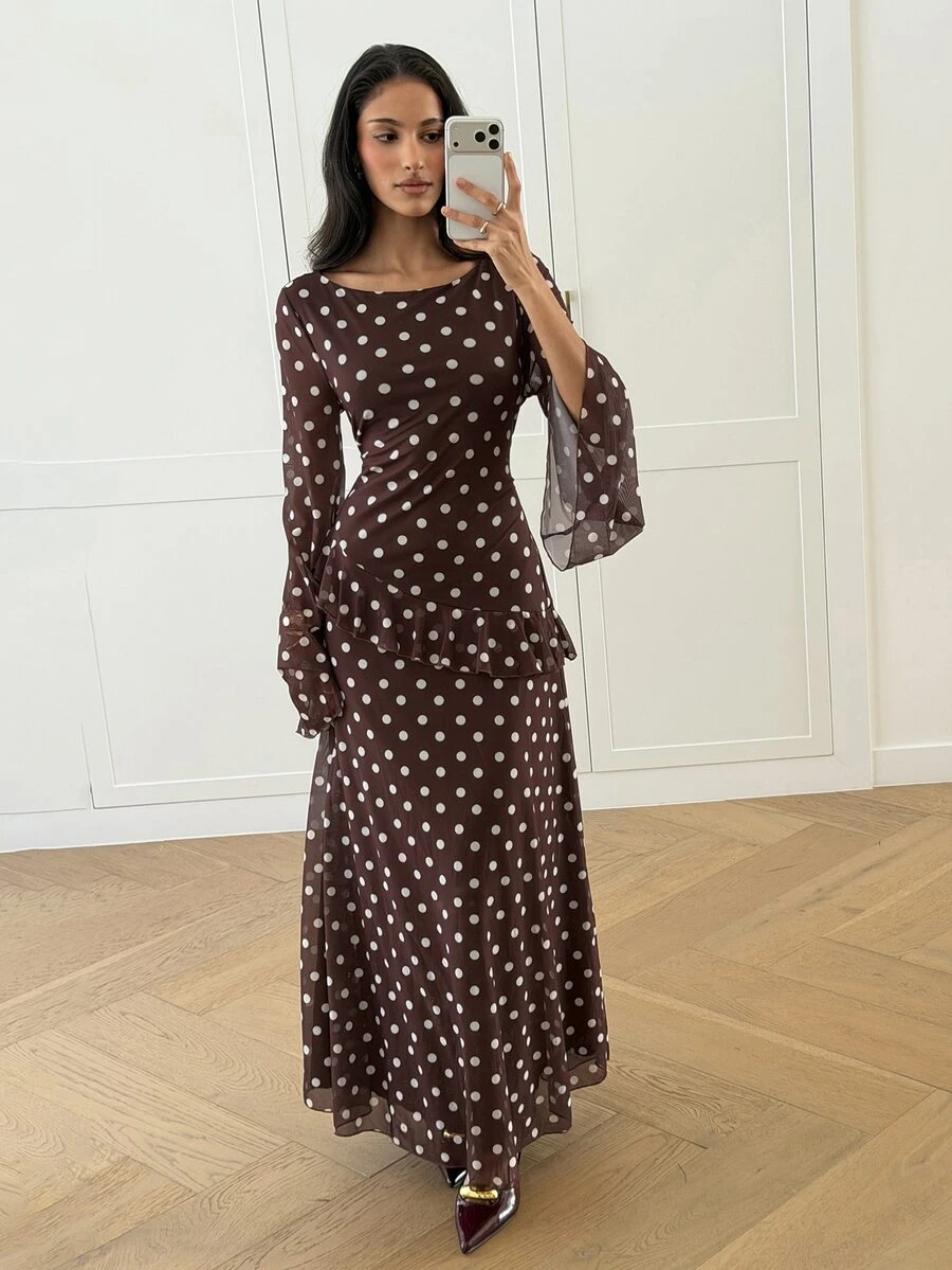 Aloruh Women's Polka Dot Pattern Round Neck Bell Sleeve Elegant Dress - Mocha Brown - View 1