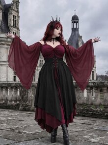 Whyspr Goth Plus Size Halloween Burgundy Patchwork Asymmetrical Hem Witch Camisole Tie-Up Dress - Multicolor - View 3
