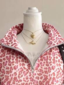 SHEIN EZwear 經典豹紋半拉鍊女款運動衫，休閒街頭風，適合秋冬多種場合，Y2K復古風，返校季上衣 - 彩色 - 查看 3