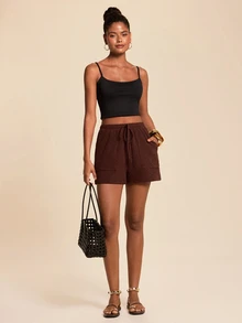 Travachic Women's Solid Color Drawstring Waist Casual Versatile Daily Shorts - Coffee Brown - View 4