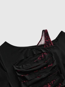 ROMWE Grunge Punk Plus Size Dark Punk 2 In 1 Fitted Distressed Ripped Edge Design T-Shirt - Black - View 3