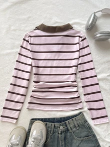 SHEIN Tween女孩秋冬休閒優雅復古學院風粉色與棕色條紋POLO領抓皺腰長袖修身T恤，適合返校、秋冬出遊、日常穿著 - 粉色 - 查看 2