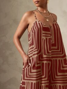 Vixey Geometric Print Woven V Neck Adjustable Cami Strap Ultra Wide Leg Flowy Jumpsuit - Burgundy - View 3