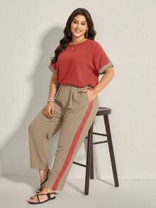 Comfylo Ensemble de tenue décontractée pour femme grande taille avec top col rond blocs de couleurs et pantalon pour usage quotidien - Multicolore - Voir 8