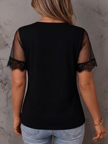 Linhara CURVE Versatile Premium Mesh & Lace Trim Plus Size Women's Top - Black - View 2