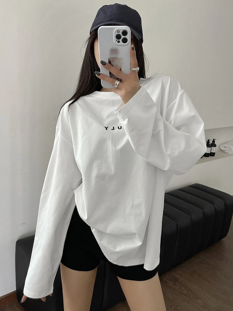 DAZY 女款字母印花休閒百搭長袖T恤,適合日常穿著,秋季寬鬆大尺寸女款T恤 - 白色 - 查看 1
