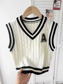 SHEIN 青少年女孩秋冬休閒法式學院風白色對比條紋紋理提花套頭針織背心，適合搭配白襯衫，適合返校與日常穿著 - 黑與白 - 查看 6