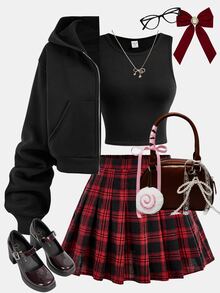SHEIN Girlism Moletom com Zíper Preto para Adolescentes, Colete de Tricô Solto, Saia Plissada Xadrez Vermelha e Preta, Conjunto de 3 Peças Casual para Escola - Multicolorido - Visão 1