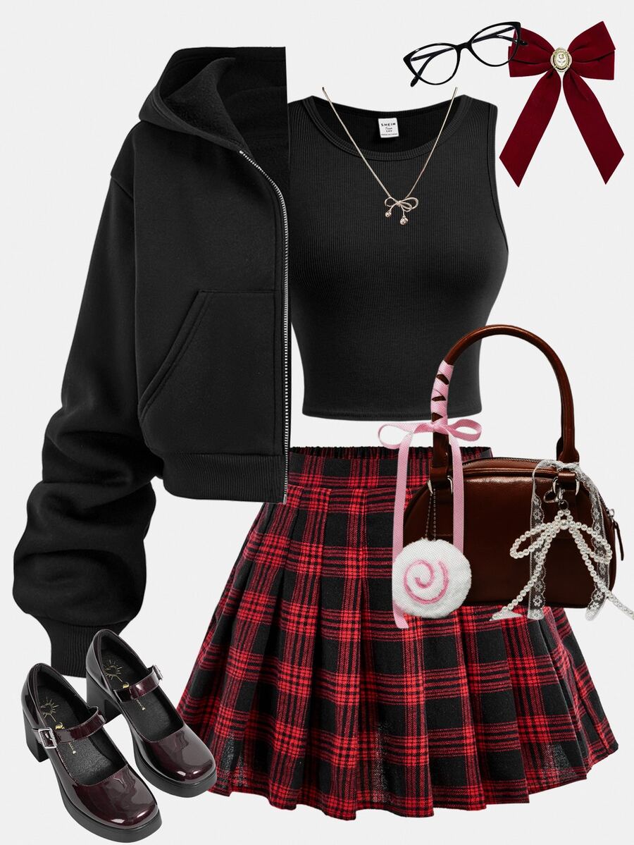 SHEIN Girlism Moletom com Zíper Preto para Adolescentes, Colete de Tricô Solto, Saia Plissada Xadrez Vermelha e Preta, Conjunto de 3 Peças Casual para Escola - Multicolorido - Visão 1