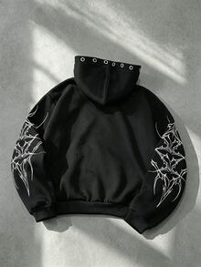 ROMWE MEN Street Life 男士動漫印花連帽衛衣，飾有金屬孔眼裝飾，拉鍊長袖 - 黑色 - 查看 3