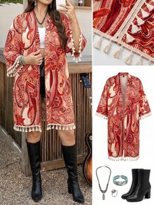 SHEIN LUNE 大尺碼女款花卉印花休閒日常開襟衫 - 紅色 - 查看 11