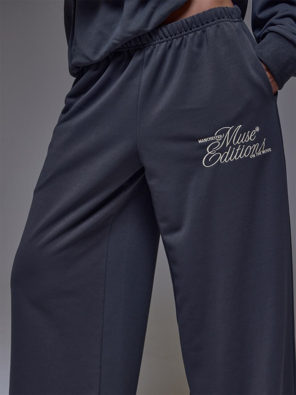 Charcoal Grey Embroidered Relaxed Fit Elasticated Cuff Joggers
