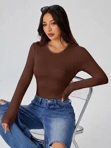 SHEIN PETITE 純色長袖修身白色T恤連身褲 - 棕色 - 查看 4