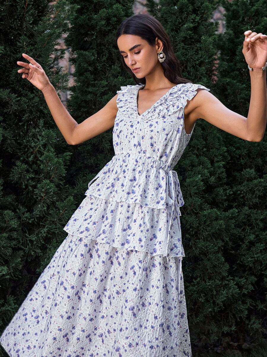 VOLUPTÉ CURVE Women's Embroidered Floral Print Ruffle Trim Dress - Multicolor - View 1