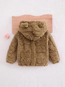 SHEIN Babygirl Fluffy Cute Khaki Hooded Jacket, Versatile Autumn/Winter Style - Khaki - View 2