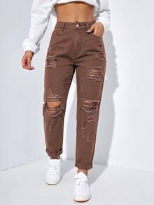 SHEIN EZwear 女款休閒日常牛仔褲，附口袋、鈕扣與磨損設計 - 咖啡棕 - 查看 1