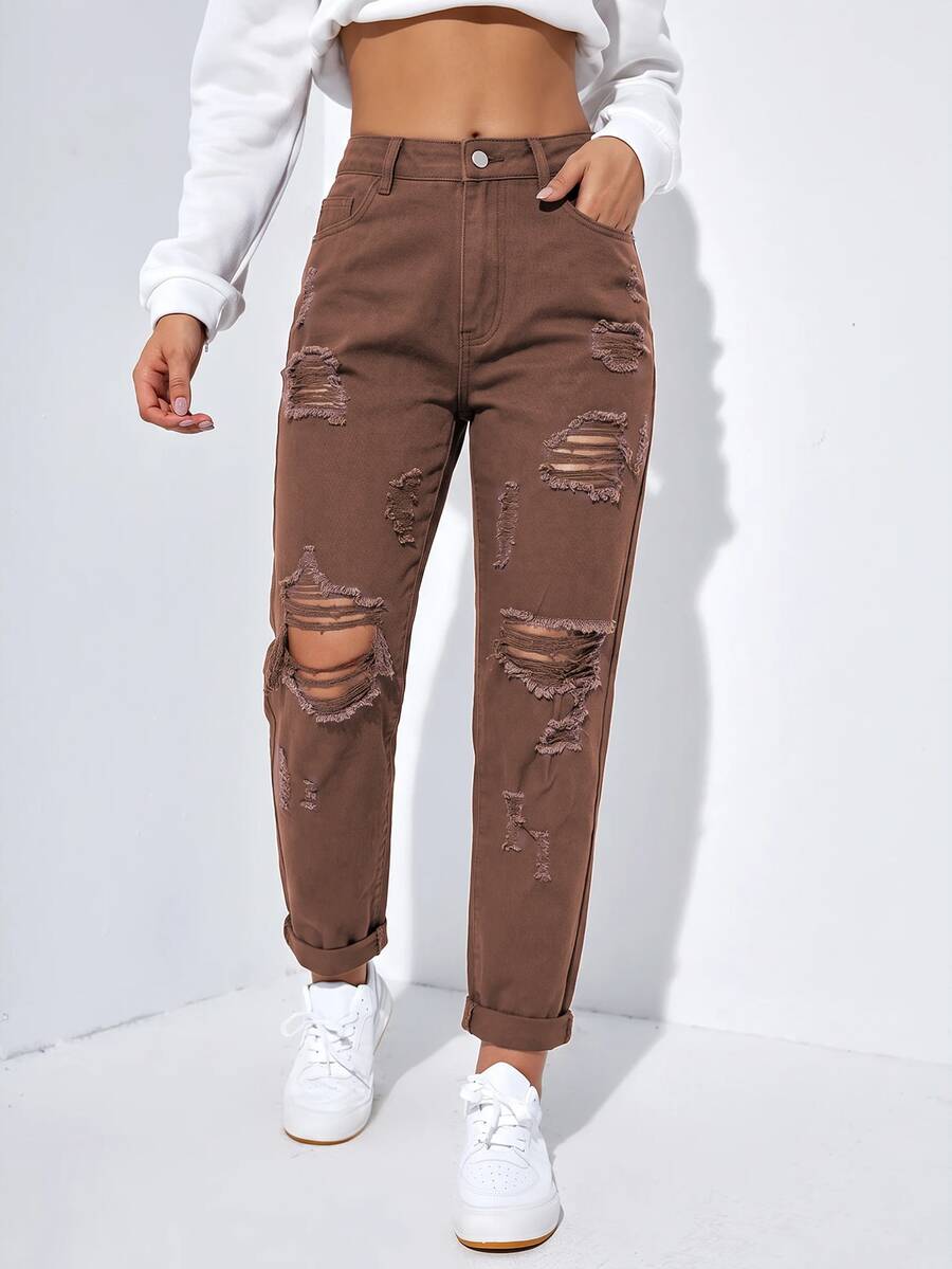 SHEIN EZwear 女款休閒日常牛仔褲,附口袋、鈕扣與磨損設計 - 咖啡棕 - 查看 1