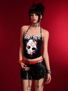 WB Horror X SHEIN Women's Summer Sexy Letter Print Backless Halter Top - Black - View 8