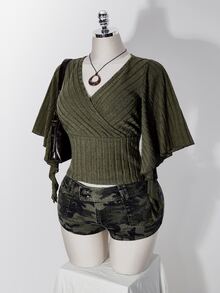 SHEIN ICON 復古 Y2K 軍綠色刷毛羅紋休閒女款大尺碼交叉 V 領黑色 T 恤 - 軍綠色 - 查看 4