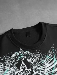ROMWE MEN Men's Wing Slogan Print Colorblock 2 In 1 T-Shirt - Black - View 3