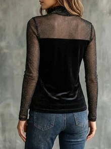 SHEIN Fiorisel Women's Elegant Velvet Patchwork Top For Party, Date And Holiday Outfits - Black - View 2