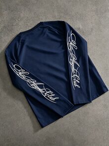 SLATEMANN 男士長袖圓領T恤，黑白拼色，落肩袖，手寫英文印花，寬鬆版型 - 寶藍色 - 查看 2