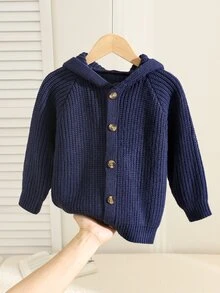 SHEIN Áo cardigan len hoodie tay dài họa tiết tai 3D phong cách thường ngày đa năng cho bé trai, phù hợp mùa thu/đông - Màu xanh hải quân - Xem 5