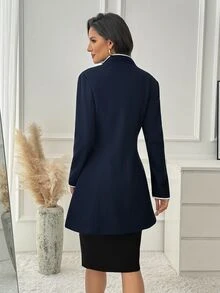 Medorina Mantel Wanita Bergaya Colorblock, Elegan, Preppy, Serbaguna untuk Pemakaian Sehari-hari, Kantor, Biru Tua, Musim Gugur - Navy Blue - View 5