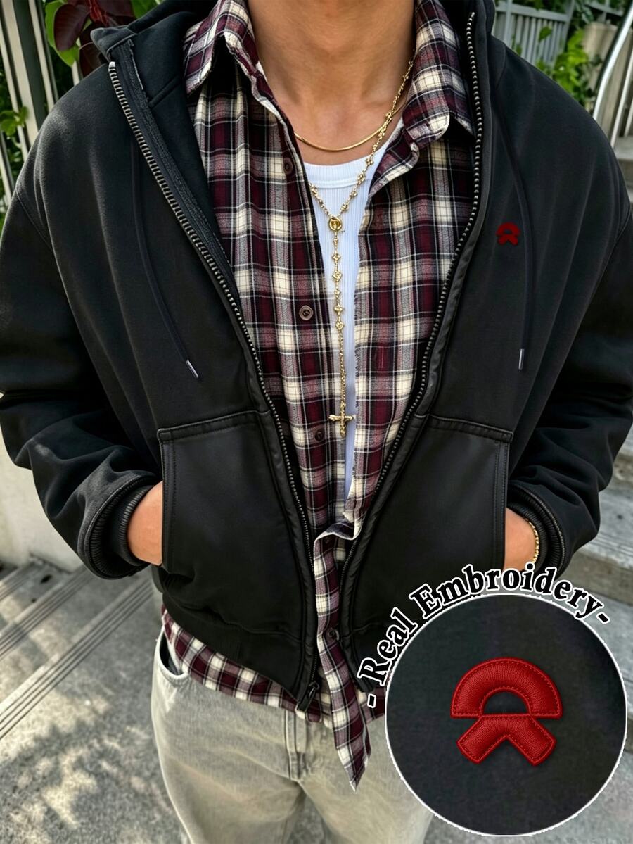 Resyla Men Men's Loose Fit Embroidered Pocket Zipper Hooded Jacket - Black - View 1