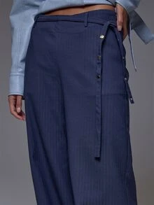 MUSERA Pinstripe Low Rise Stud Detail Belt Trousers Winter Autumn Everyday Casual Going Out Weekdaze - Grey - View 5