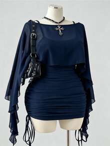 Sunspun Set 2 Potong Atasan Transparan dan Gaun Cami Ketat dengan Tali Serut untuk Musim Semi/Panas Ukuran Besar - Navy Blue - View 1