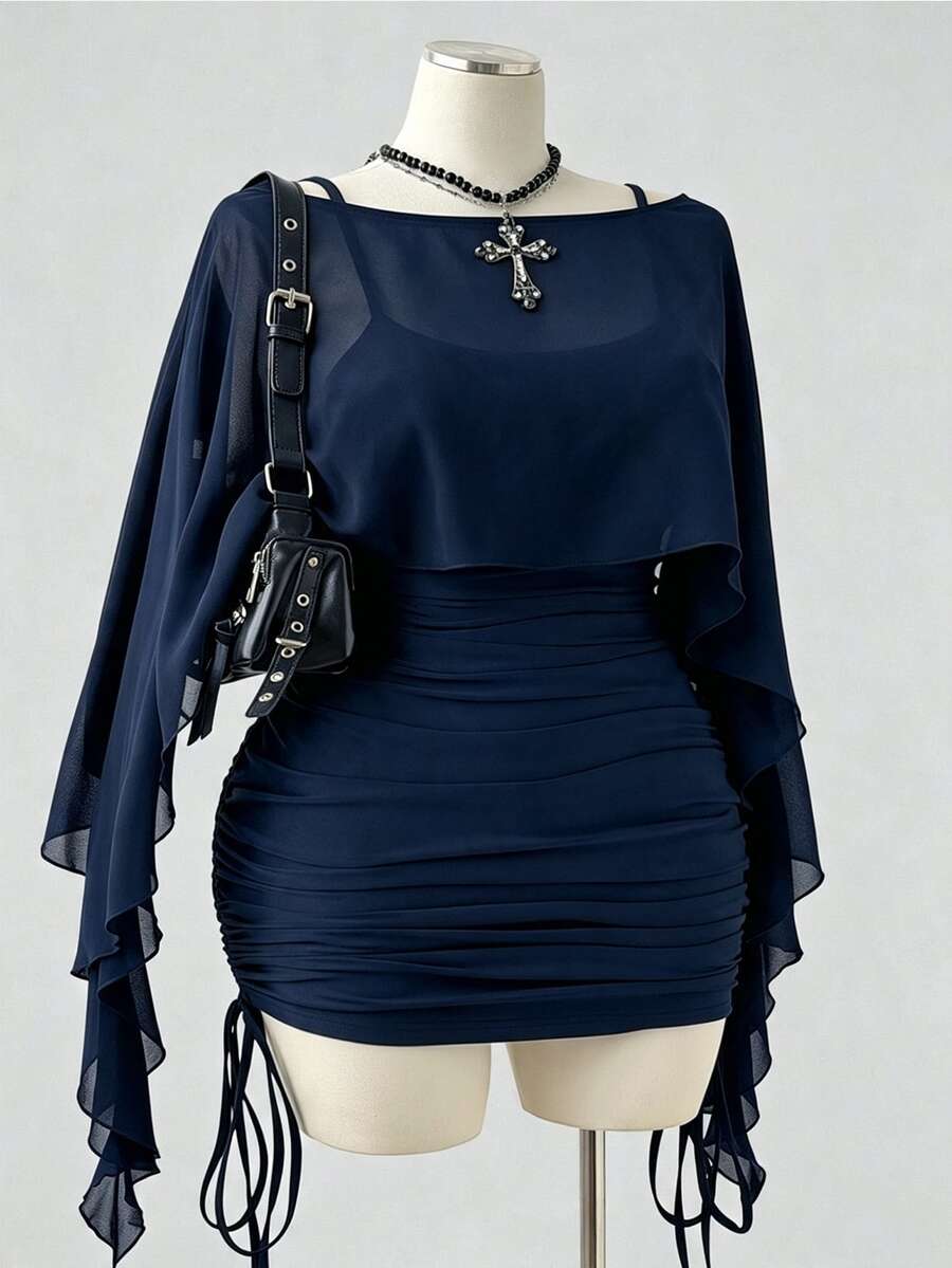 Sunspun Set 2 Potong Atasan Transparan dan Gaun Cami Ketat dengan Tali Serut untuk Musim Semi/Panas Ukuran Besar - Navy Blue - View 1