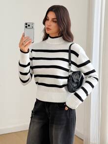 SHEIN Tall Women's Black And White Striped Turtleneck Long Sleeve Casual Sweater - Black and White - View 1