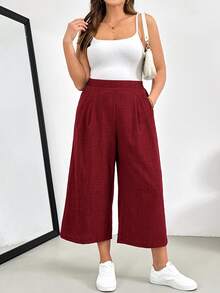 SHEIN Essnce 大尺碼女款純色休閒百搭日常穿著長褲 - 酒紅色 - 查看 4