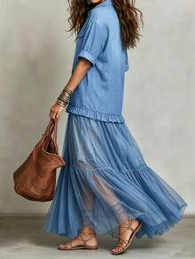 Linhara Plus Size Women Sky Blue Denim Effect Shirt Collar Short Cuffed Sleeve Button Front Contrast Sheer Tulle Tiered Ruffle Dress Bohemian Flowy Beach - Blue - View 2